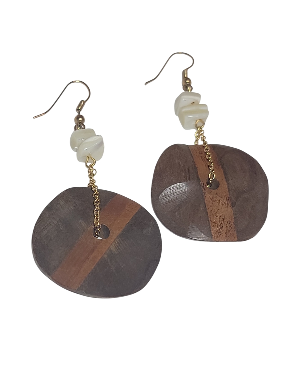 Wood Mother of Pearl Dangle Earrings Gold Tone Boho Statement Jewelry